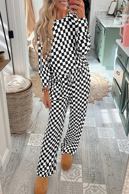 Black Checkered Print Long Sleeve Top and Pants Pajama/Lounge Set
