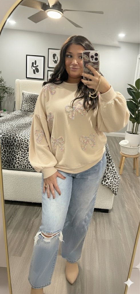 Embroidered Bow Lantern Sleeve Oversized Pullover Sweatshirt