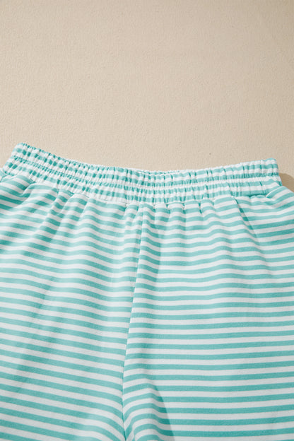 Green Stripe Cuffed Sleeve Contrast Mock Neck Tee Casual 2pcs Short Set