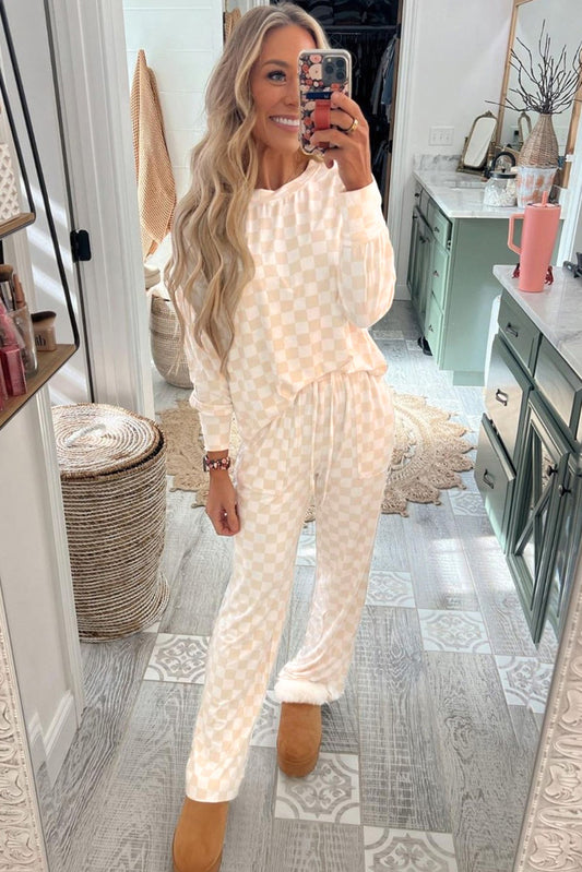 Beige Checkered Print Long Sleeve Top and Pants Lounge/Pajama Set