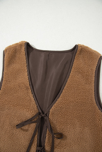 Light French Beige Contrast Trim Tie Front Sherpa Vest