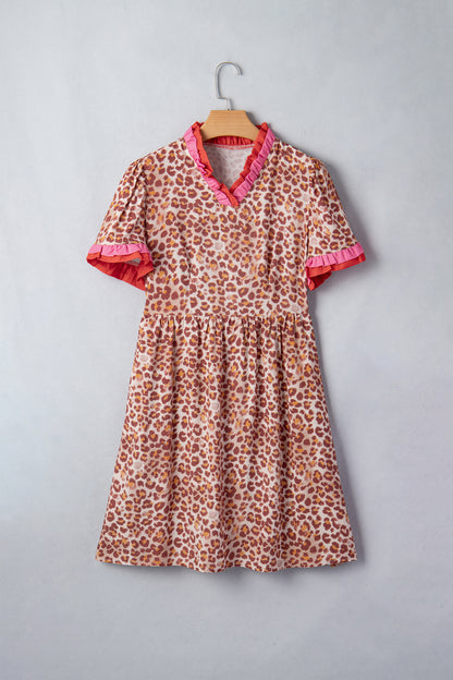 Khaki Leopard High Waist Ruffled Colorblock Trim Short Dress