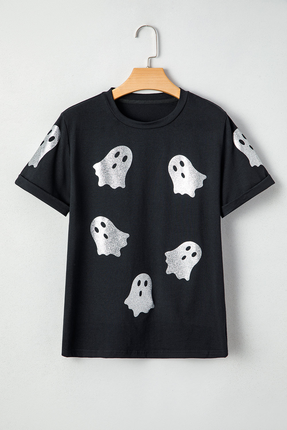 Black Glitter Ghost Pattern Crew Neck Halloween T Shirt
