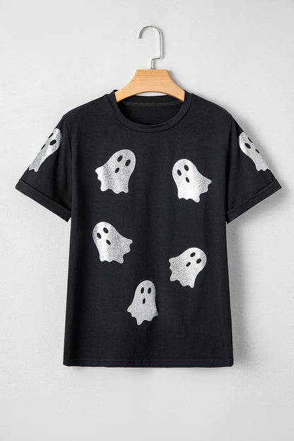 Black Glitter Ghost Pattern Crew Neck Halloween T Shirt