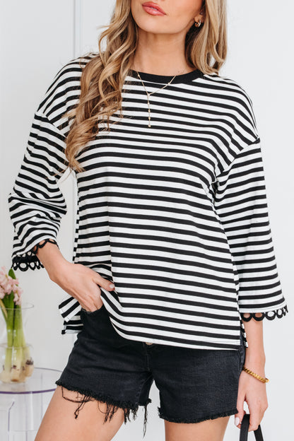 Black Striped Print Drop Shoulder Lace Trim Bracelet Sleeve Loose Top