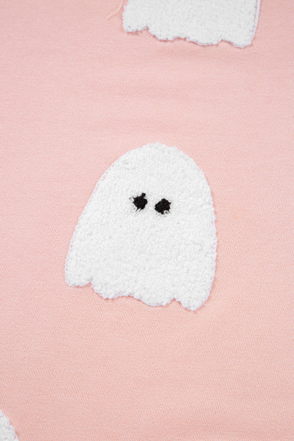 Gossamer Pink Halloween Terry Ghost Striped Trim Loose Sweatshirt