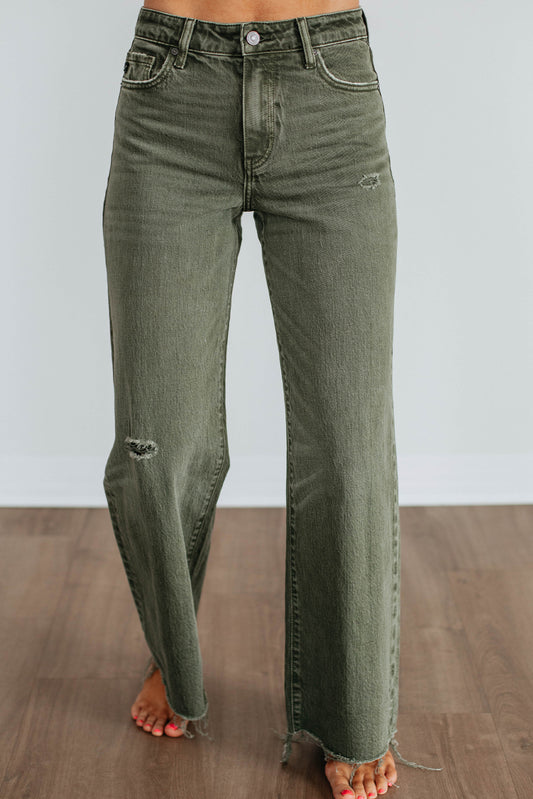Four Leaf Clover Slight Distressed Raw Edge Wide Leg Jeans