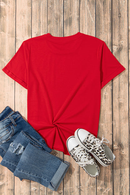 Red Glittering baseball  Pattern Crew Neck Game Day T Shirt