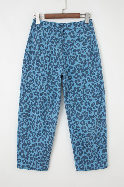 Sky Blue Leopard Print Straight Loose Jeans