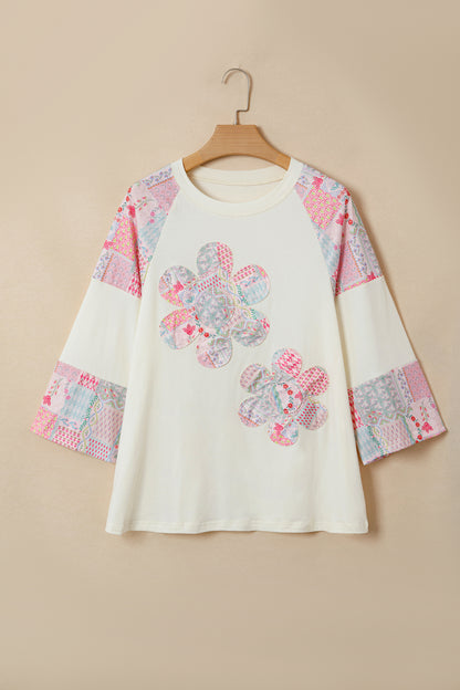 Beige Color Block Retro Floral Patchwork Long Sleeve Top