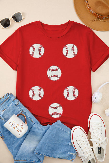 Red Glittering baseball  Pattern Crew Neck Game Day T Shirt