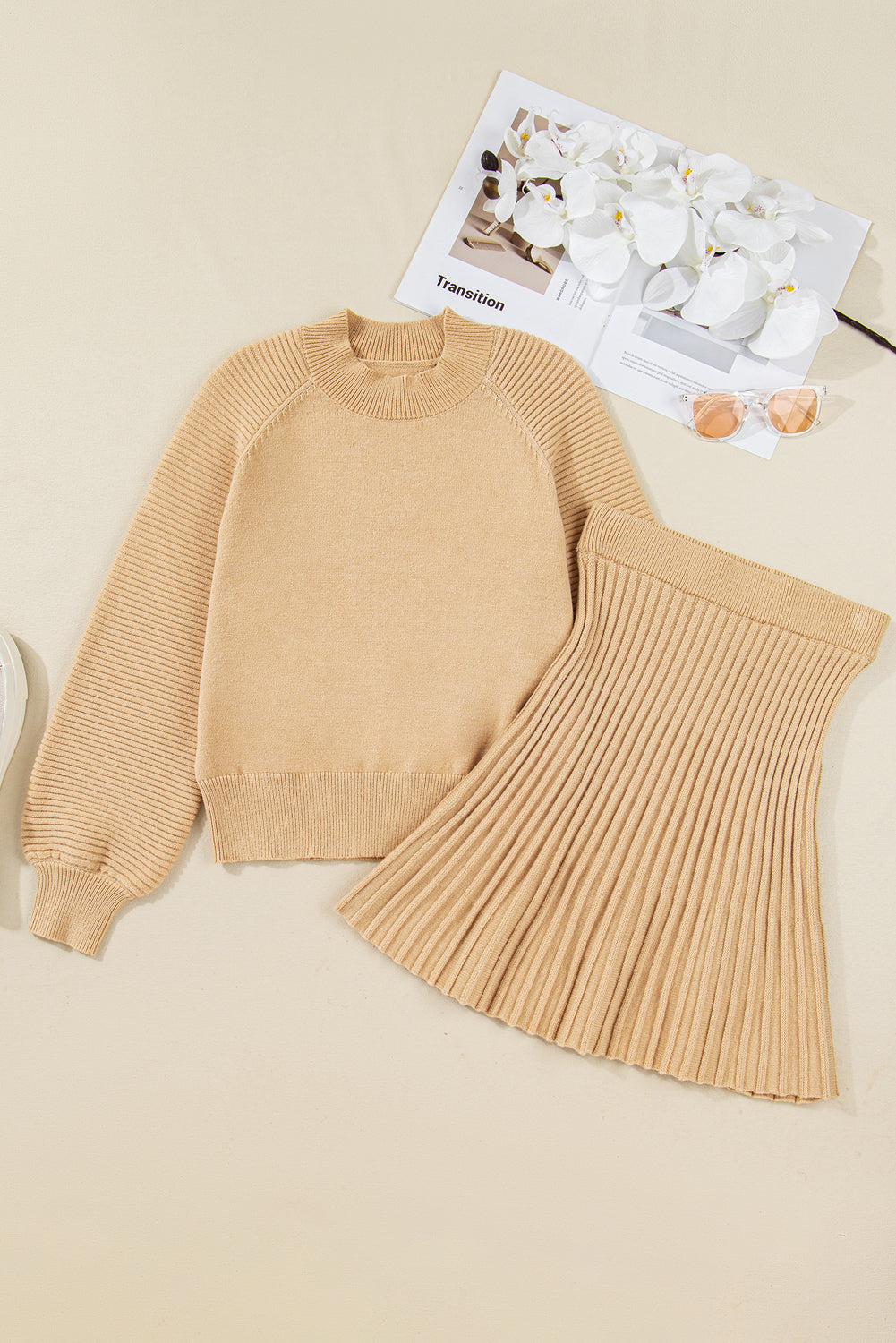 Smoke Gray High Neck Puff Sleeve Sweater Pleated Mini Skirt 2pcs Knitted Outfit