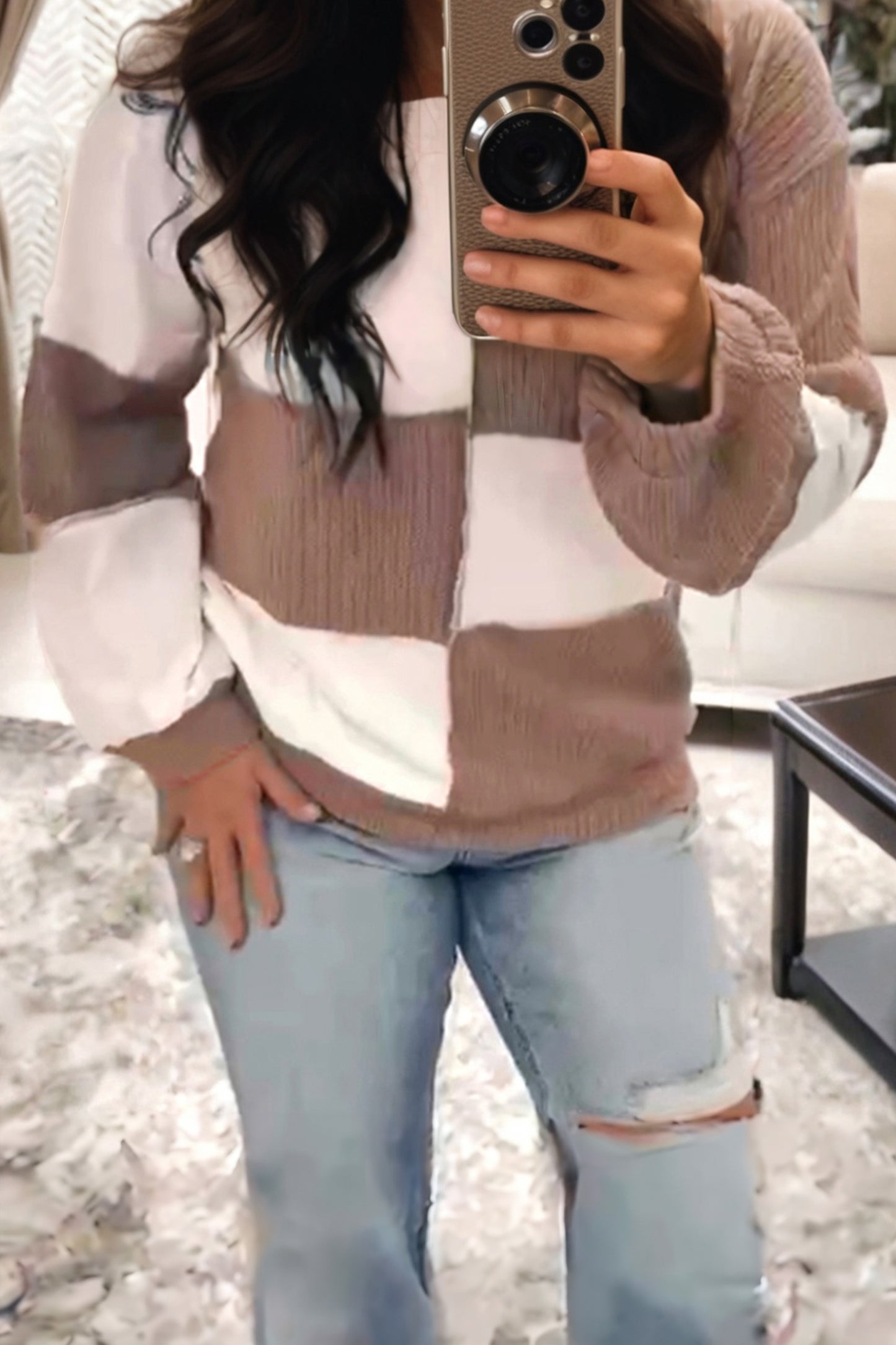 Dark Khaki Colorblock Checkered Raw Seamed Round Neck Knitted Jumper