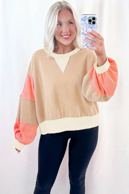 Light French Beige Color Block Textured Patchwork Pullover Sweatshirt