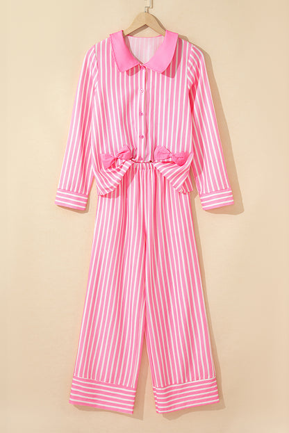 Pink Stripe Buttoned Front Long Sleeve Top and Pants 2 Piece Sleepwear