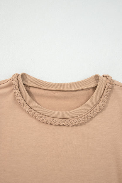 Light French Beige Braided Trim Puff Sleeve Dress