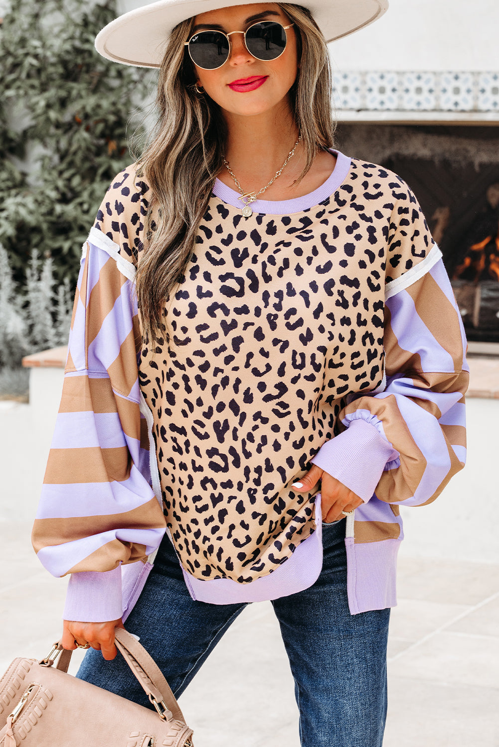 Purple Stripe Color Block Patchwork Leopard Casual Sweatshirt with Slits