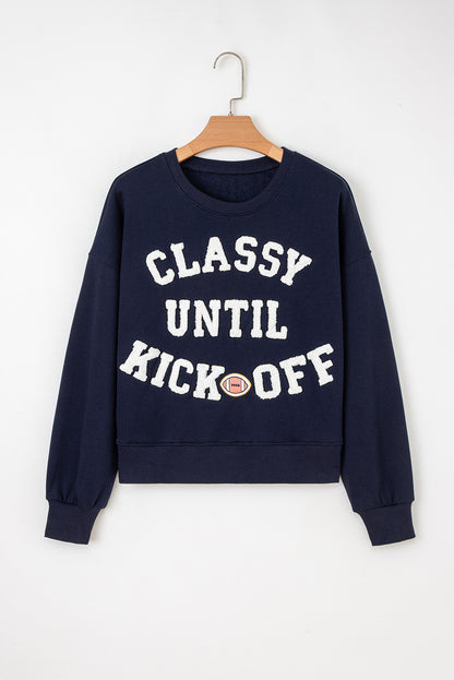 Navy Blue CLASSY UNTIL KICKOFF Plush Letter Patched Loose Sweatshirt