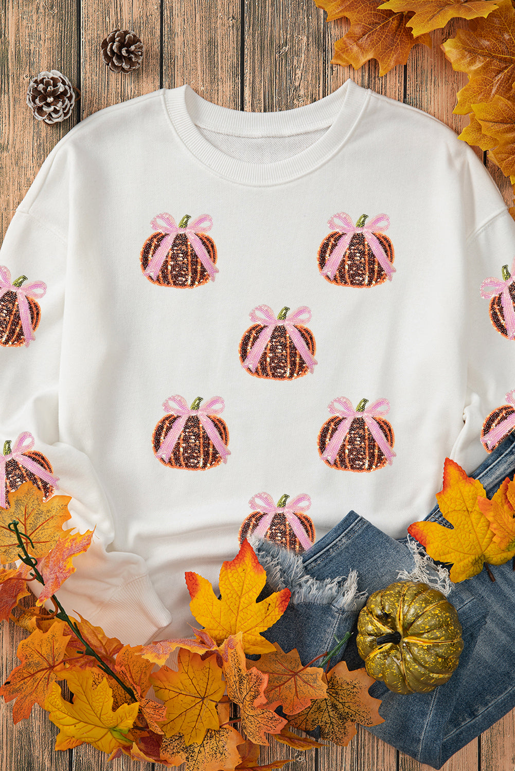 White Sequin Bow Pumpkin Patched Cotton Sweatshirt