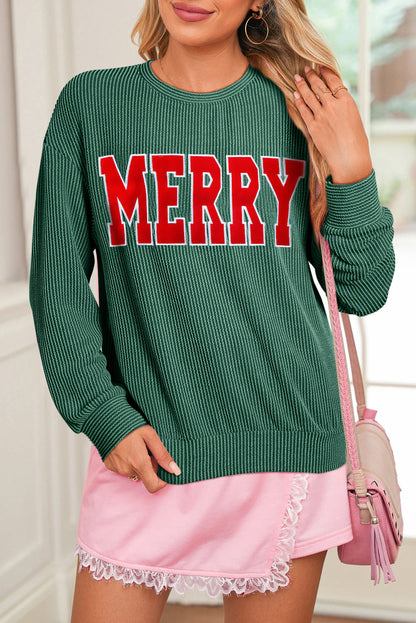 Evergreen Twisted Rib Outlined Merry Letter Graphic Loose Long Sleeve Top