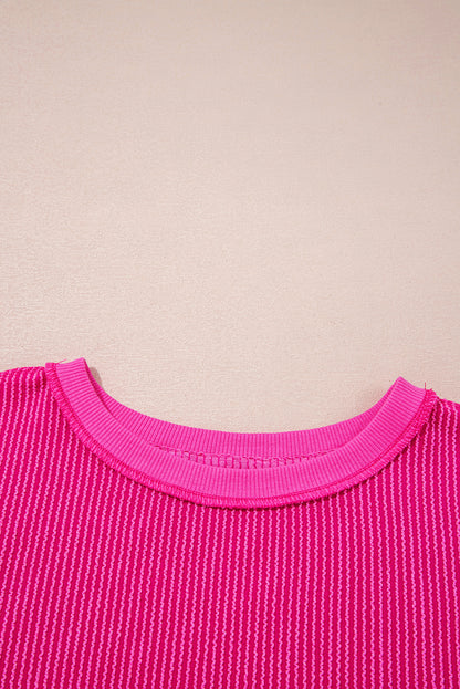 Strawberry Pink Twisted Rib Uneven Hem Drop Shoulder Loose Knit Top