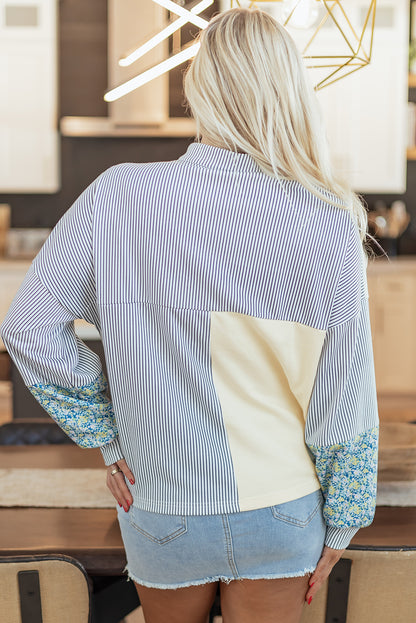 Beige Floral Striped Drop Sleeve Collared Boxy Fit Sweatshirt