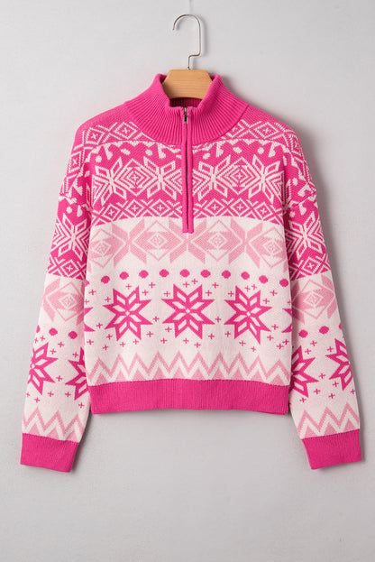 Rose Red Christmas Snowflake Quarter Zip Collard Sweater