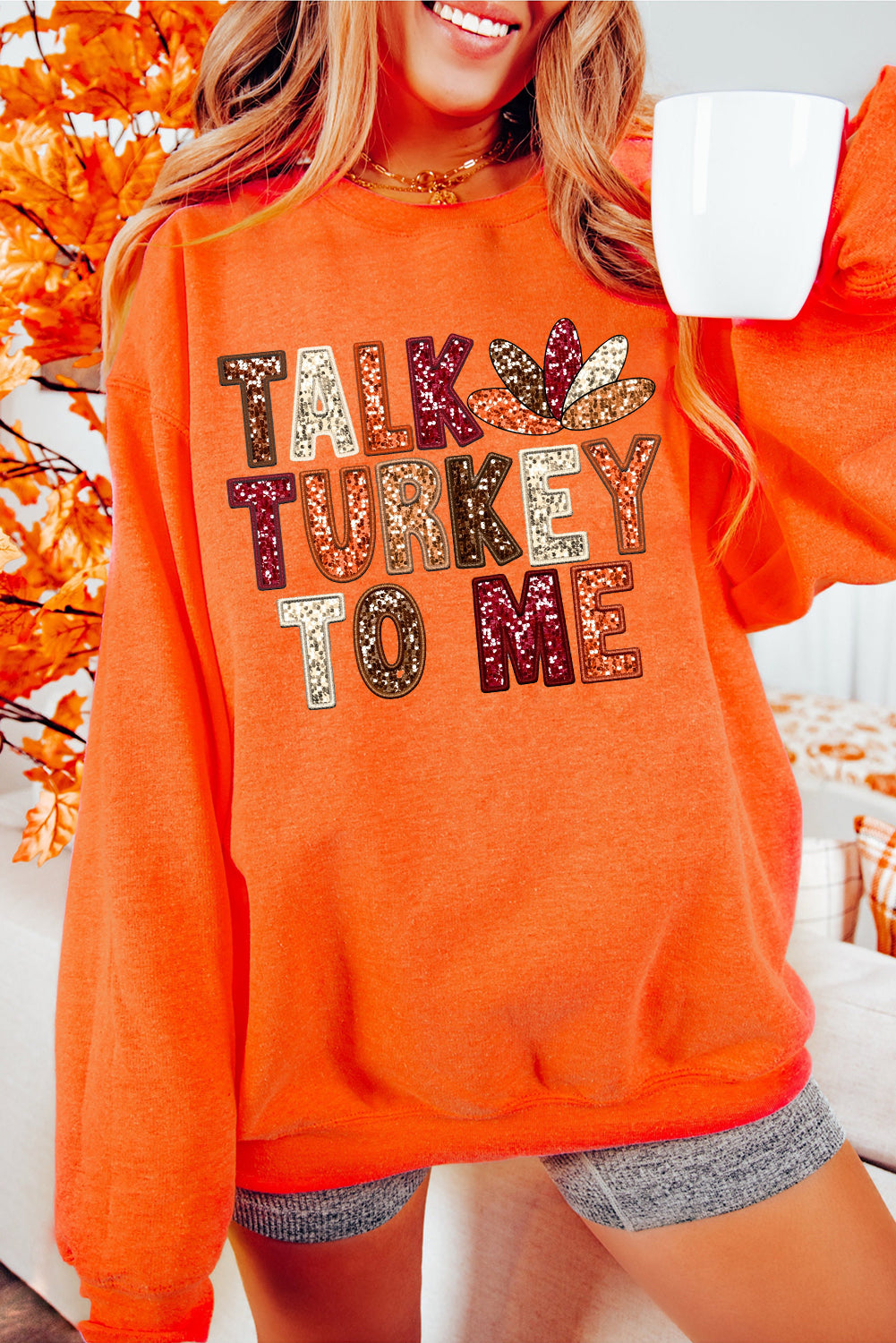 TALK TURKEY TO ME faux sequin Graphic Sweatshirt
