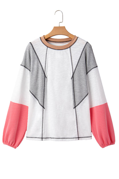 White Contrast Block Mixed Textured Knit Patchwork Casual Top