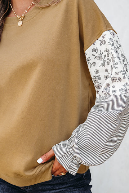 Camel Floral Striped Patchwork Ruffled Sleeve Crew Neck Sweatshirt