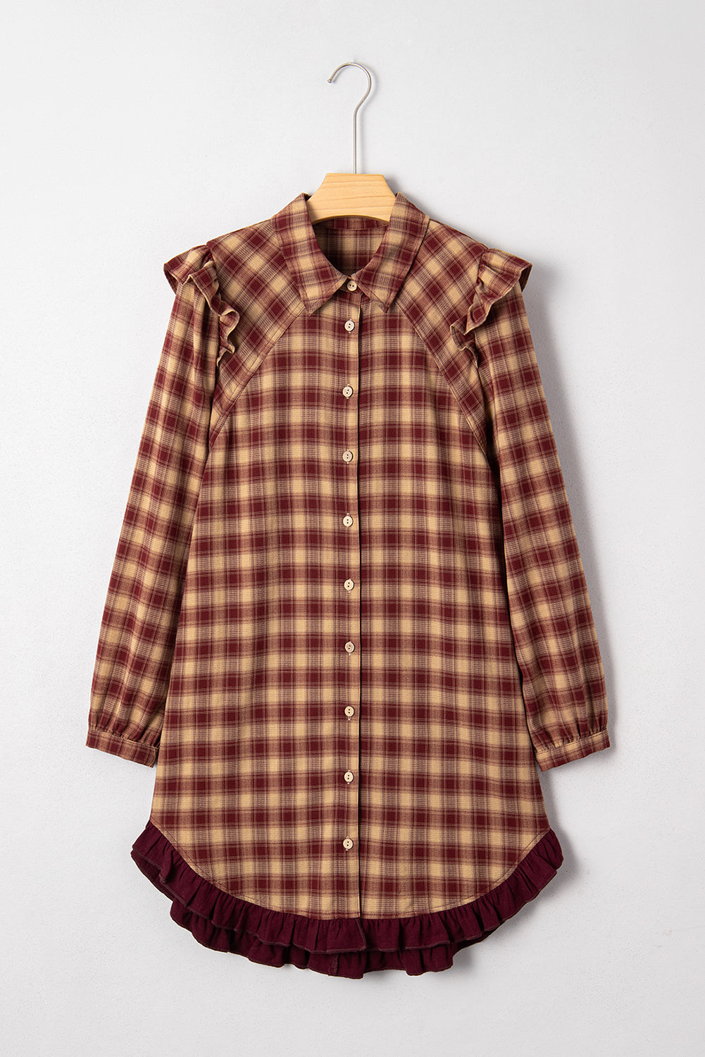 Red Plaid Print Ruffled Long Sleeve Patchwork Hem Mini Shirt Dress