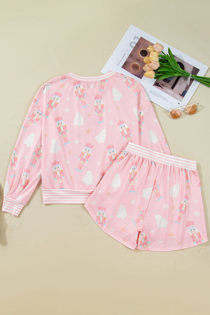Pink Christmas Tree Nutcracker Doll Print Contrast Trim Long Sleeve Top Matching Shorts Set