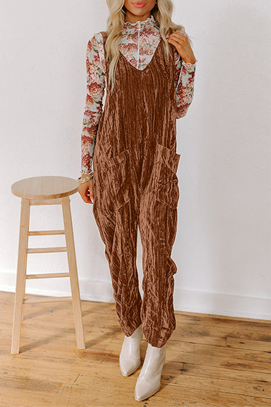 Chicory Coffee Velvet Adjustable Straps Patched Pocket Sleeveless Jumpsuit
