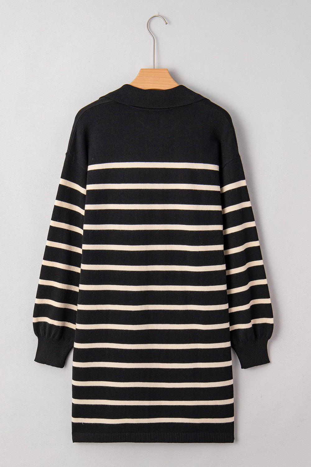 Black Stripe Polo Collar Puff Sleeve Sweater Mini Dress