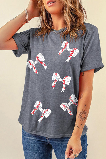 Baseball and Bows Print Crewneck Casual T Shirt