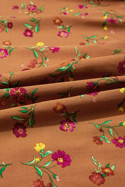 Brown Plus Size Floral Split V Neck Ruffled Sleeve Tiered Maxi Dress