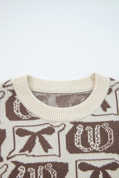 Brown Bows & Horseshoes Pattern Western Fashion Print Sweater