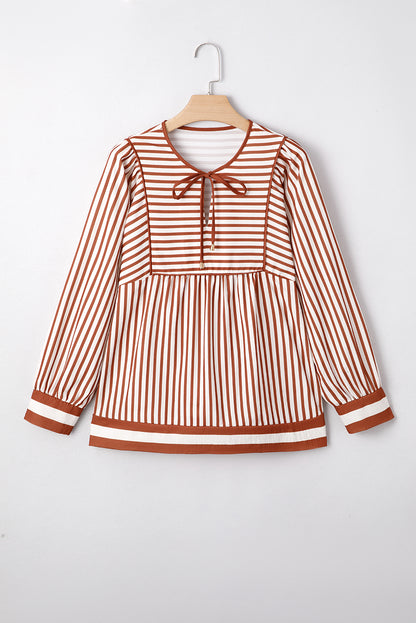 Brown Stripe Babydoll Long Sleeve Blouse