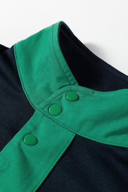 Navy Blue Color Block Patchwork Half Button Pullover and Shorts 2pcs Outfit