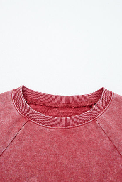Racing Red Mineral Wash Raglan Sleeve Raw Hem Crop Sweatshirt