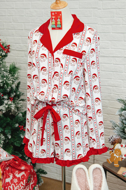 White Santa & Stripes Ruffle PJ Set