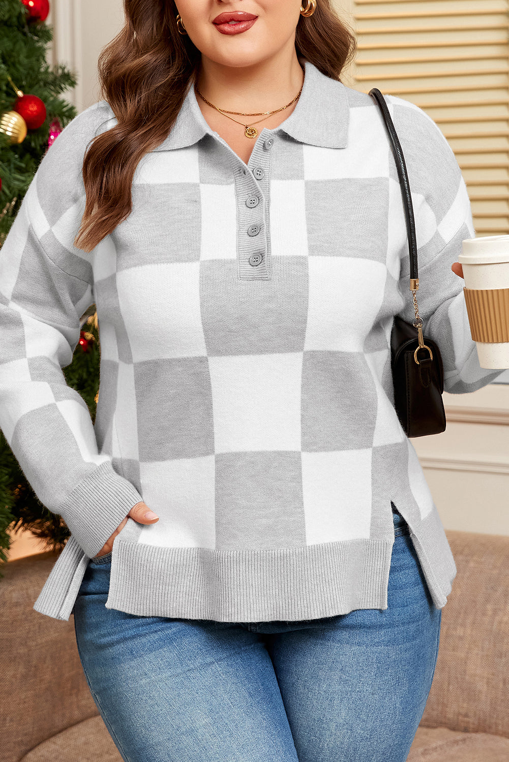 Cozy Basics Gray Checkered Sweater