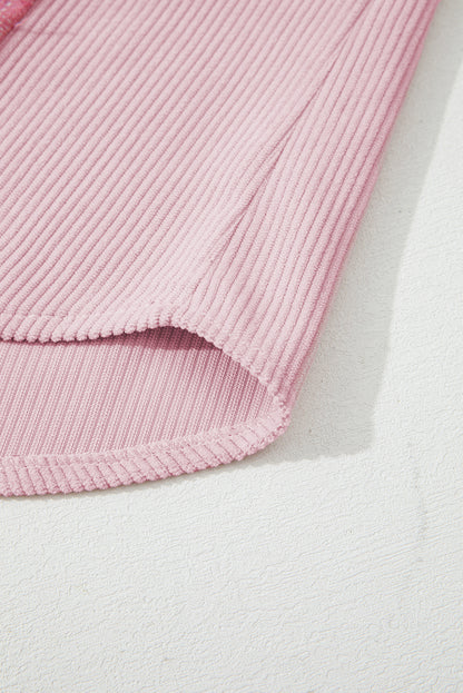 Pink Brushed Plaid Corduroy Flap Pockets Patchwork Shacket