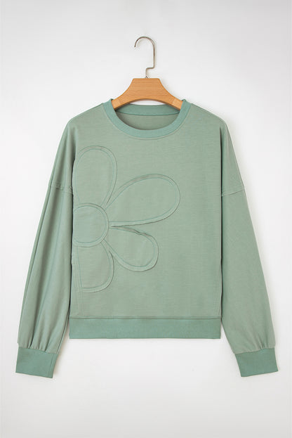 Smoke Green Raw Edge Flower Patch Drop Shoulder Casual Top