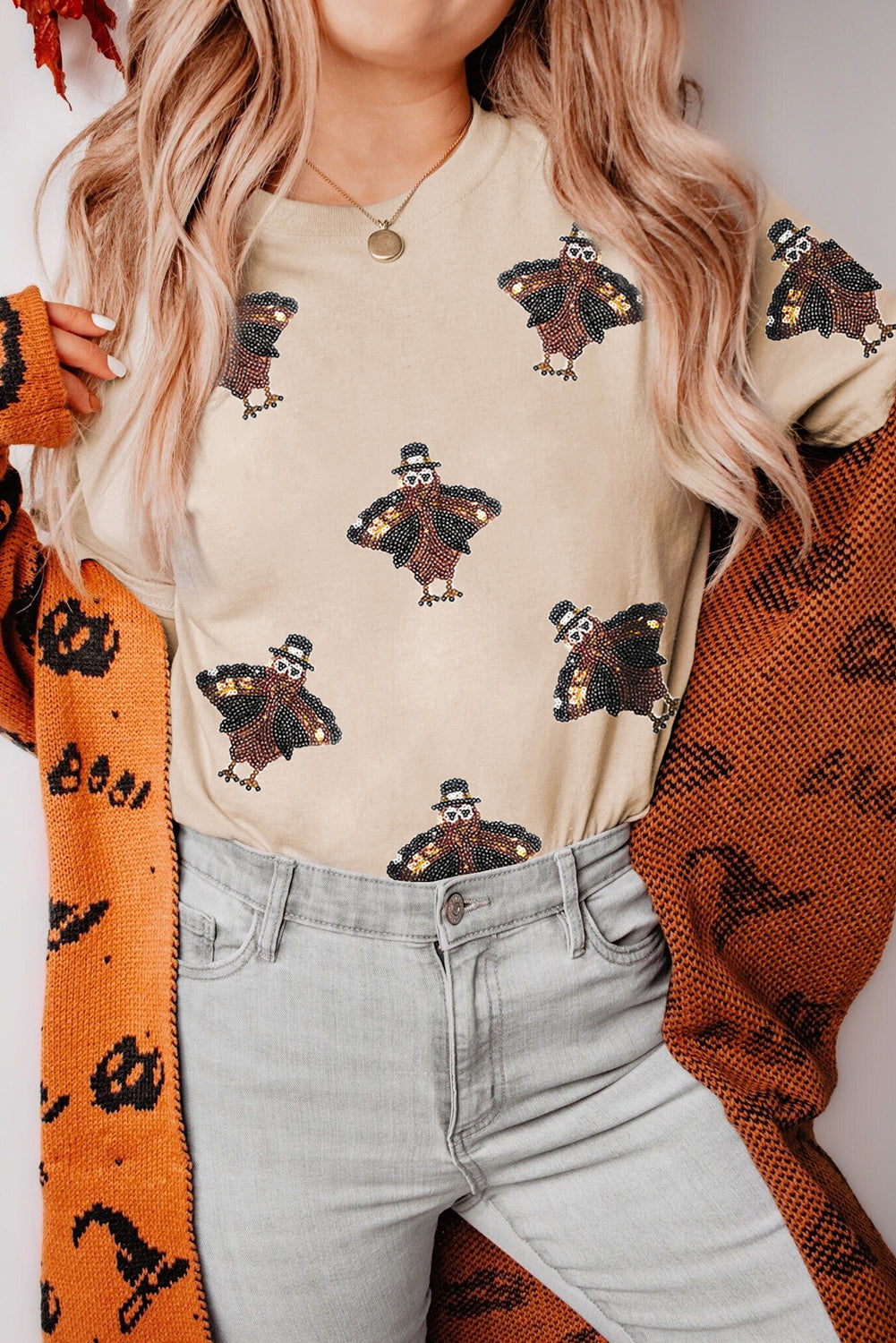 Turkey Day Sequined Patch T Shirt