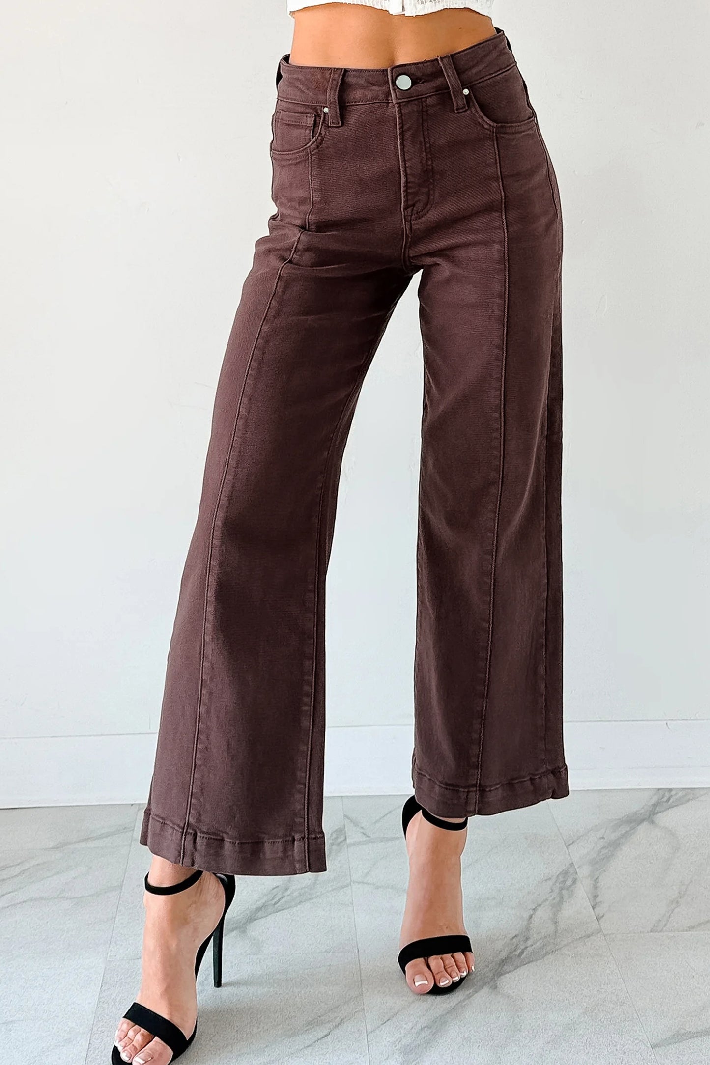 Red Sandalwood Solid Color Seamed Center Wide Leg Cropped Jeans