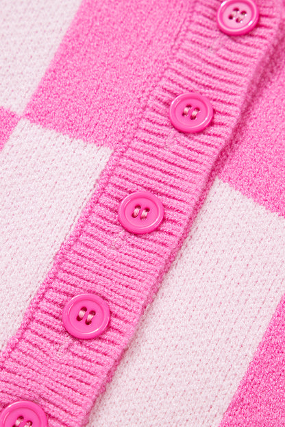 Pink Plus Size Checkered Collared Half Button Sweater