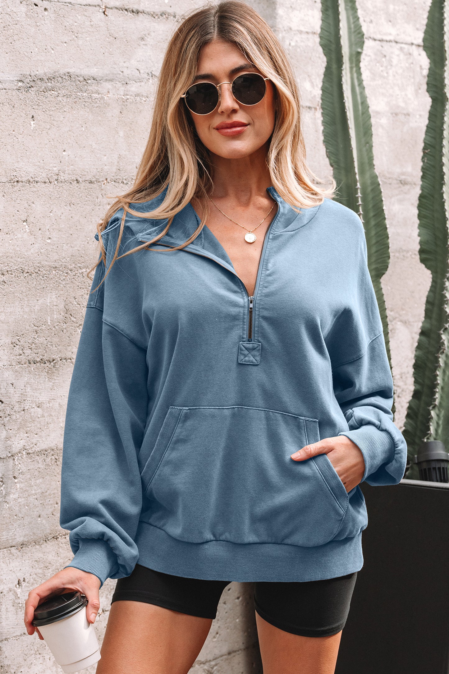 Ashleigh Blue Half Zip Kangaroo Pocket Mineral Wash Baggy Hoodie