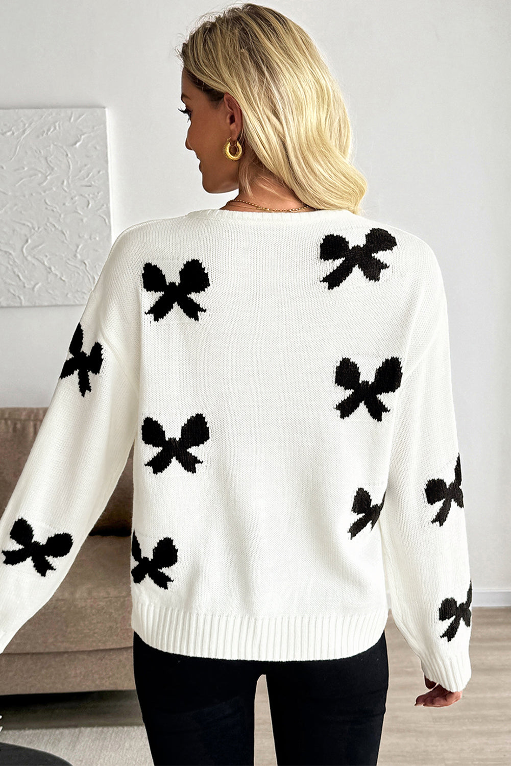 White Lace-up Bow Pattern Sweater Cardigan