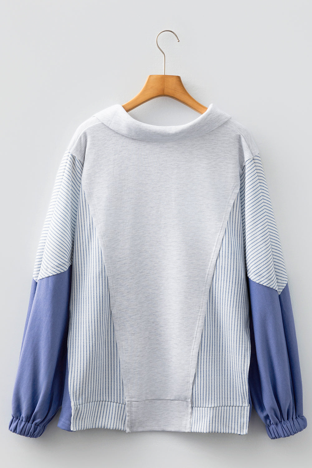 Light Grey Oversized Striped Colorblock Dolman Sleeve Collared Casual Top